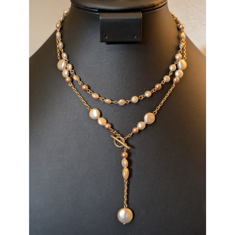 Vintage Anne Klein Double Strand Champagne Penny Coin Pearl Dangle Necklace